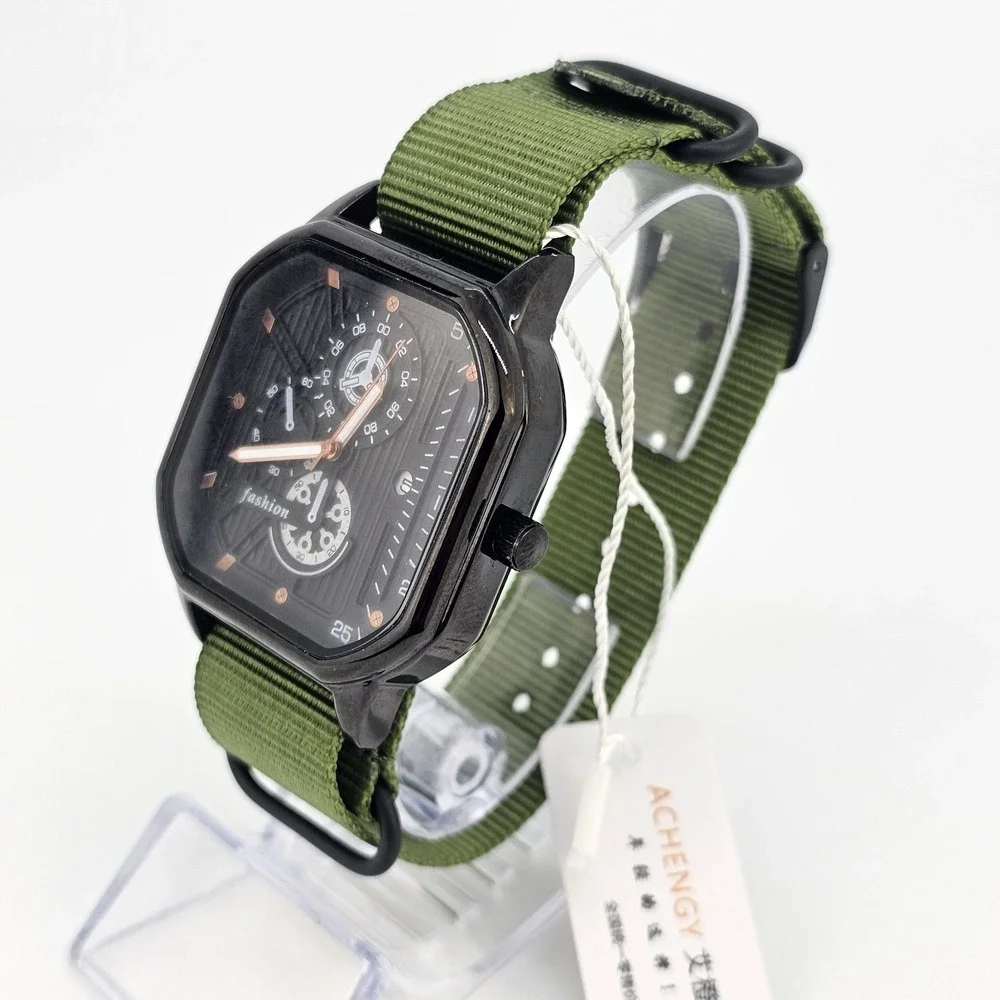 Men's Watch 42MM Black Dial Black Case‎ Date Army Green Canvas Band New Battery